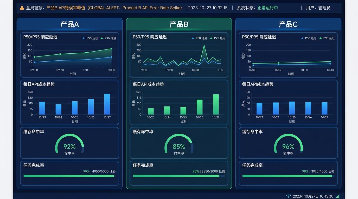 三款AI产品并行监控看板的指标分层设计示意