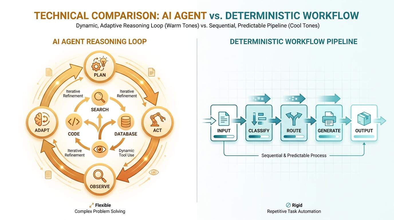 Diagram comparing AI agent multi-step loop versus plain deterministic workflow pipeline for production AI systems