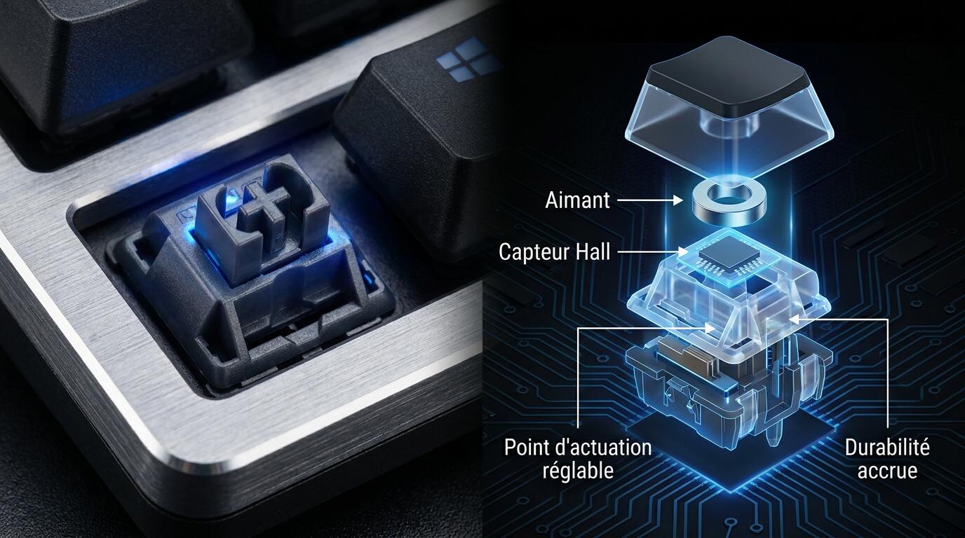 Détail des switches magnétiques à effet Hall sur un clavier Royal Kludge sans fil pour gaming haute performance