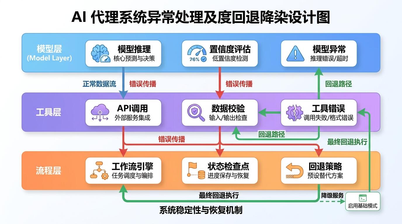 智能体异常处理与回退机制设计层次示意图