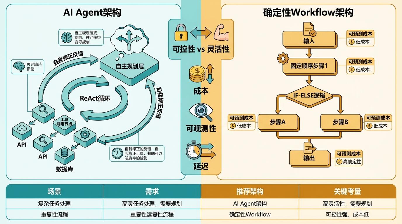 智能体 vs 工作流架构对比示意图