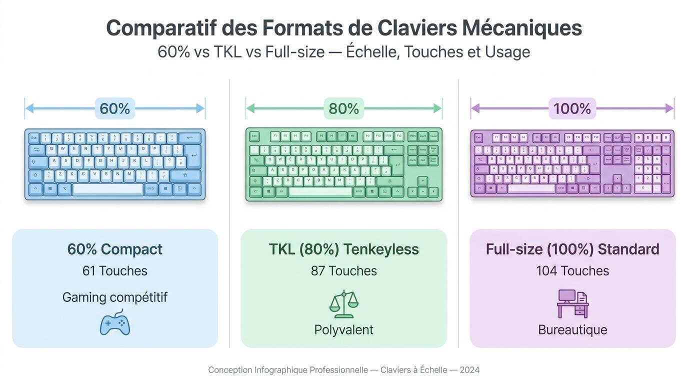 Comparatif des formats de claviers mécaniques 60% TKL et full-size pour gaming et bureautique
