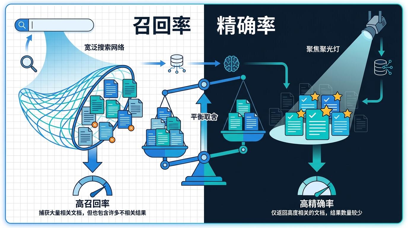 语义搜索中的召回率与精确率:文件检索系统核心评估指标示意图