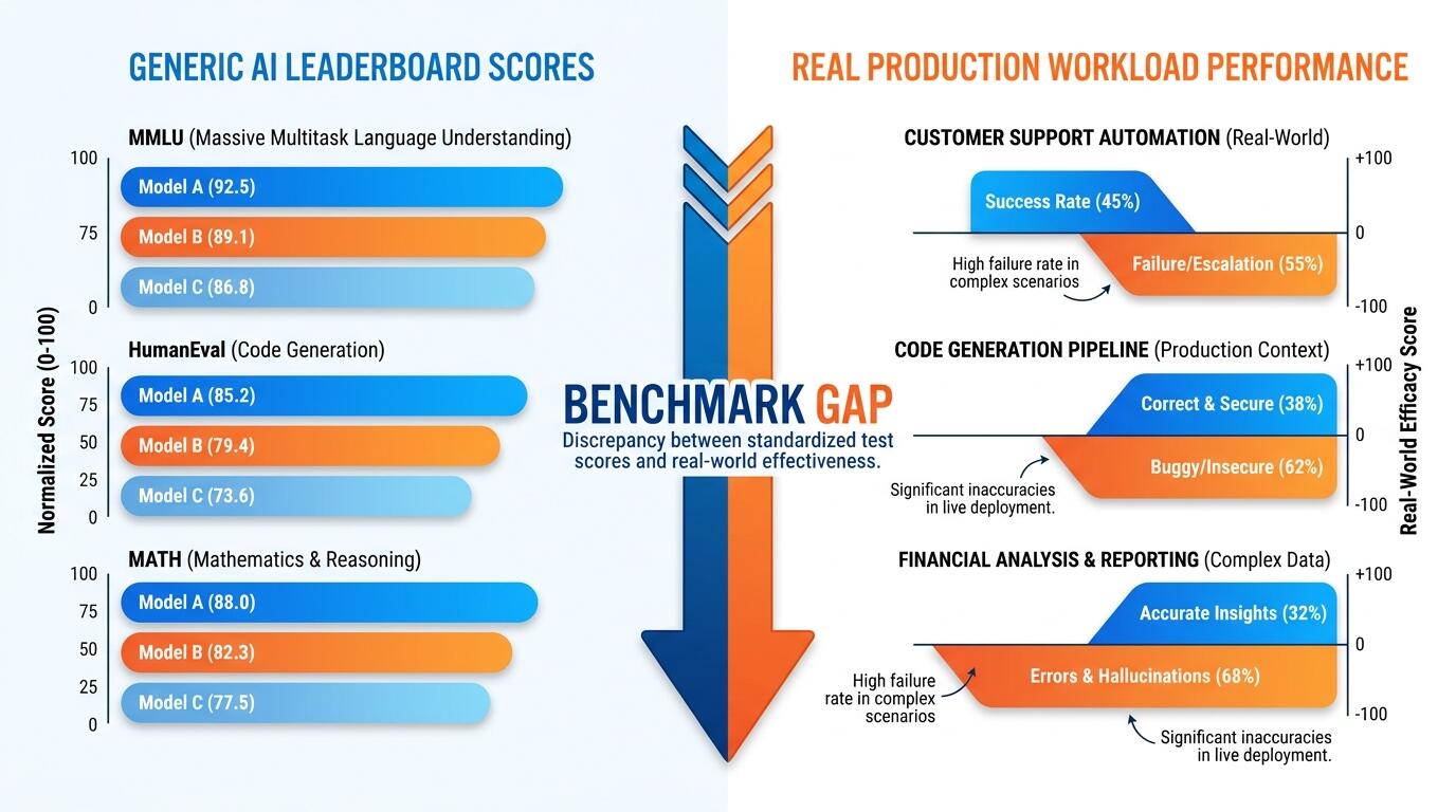 Benchmark gap illustration showing divergence between published scores and production task performance