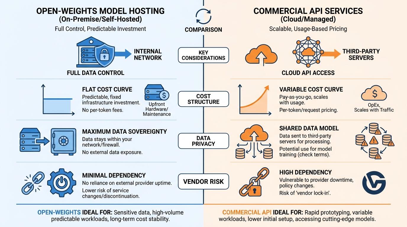 Comparison breakdown of open-weights vs API for small AI teams considering cost, privacy, and vendor risk