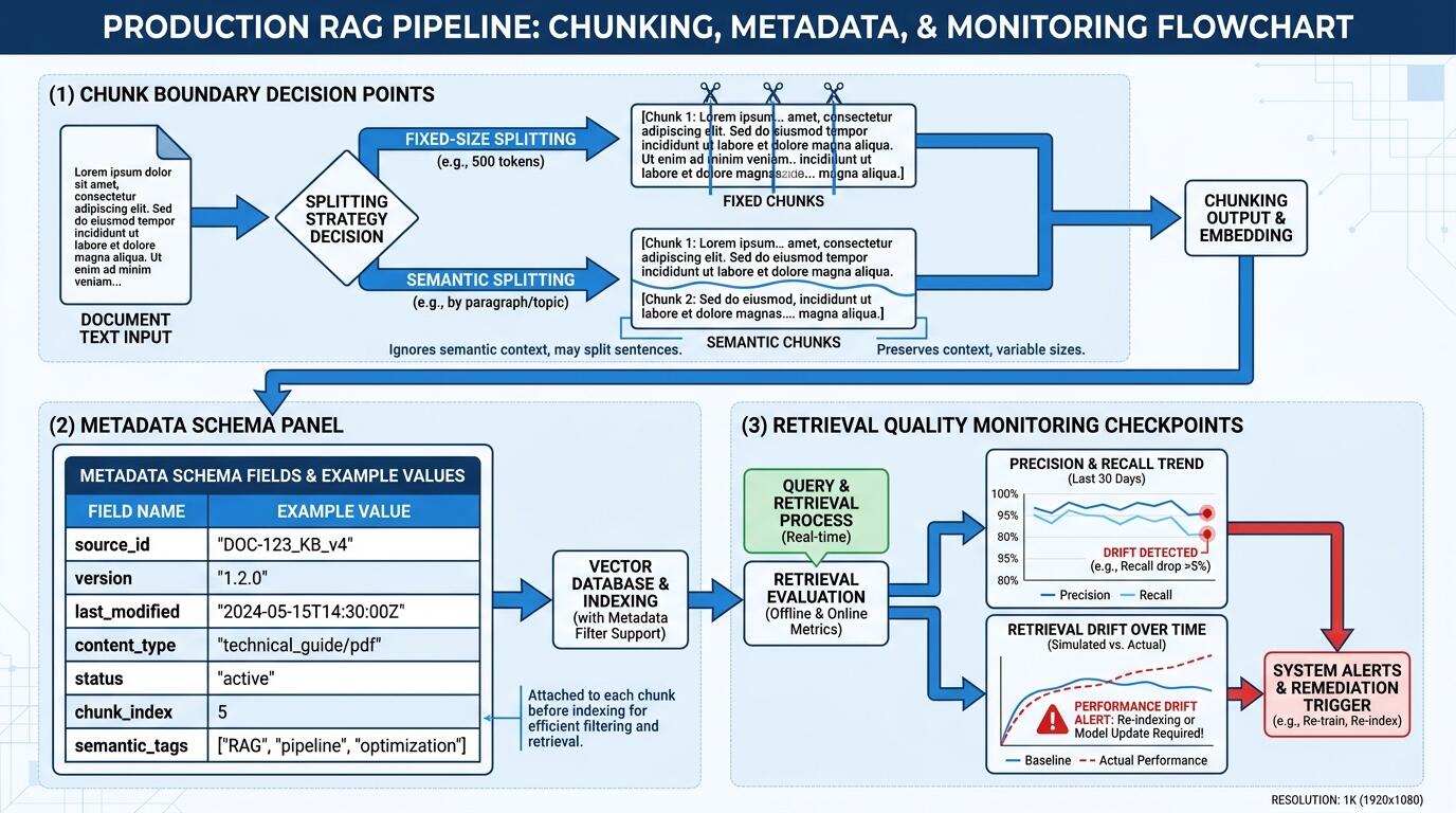 Production RAG pipeline showing metadata fields, chunking boundaries, and retrieval evaluation workflow