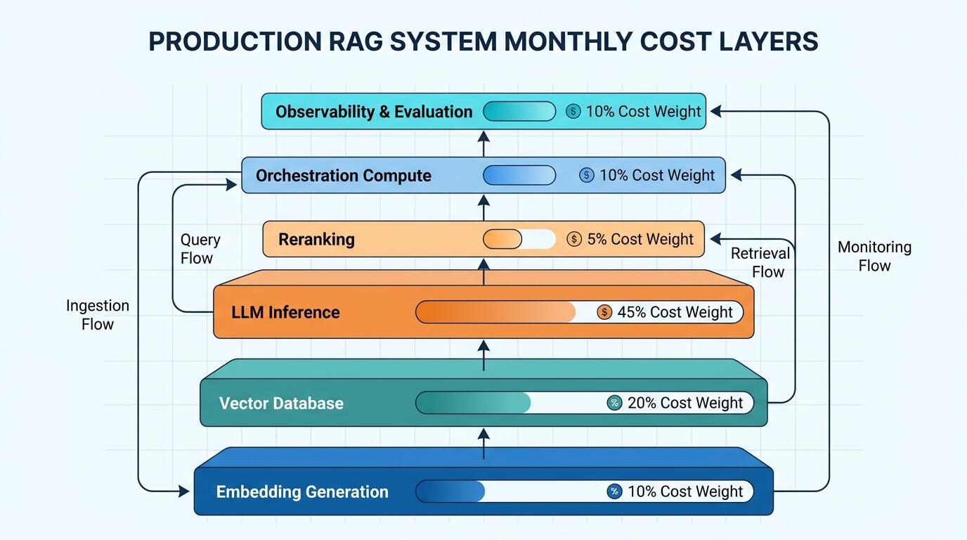 RAG system cost layers diagram showing embedding, vector DB, LLM inference, reranking, and orchestration costs