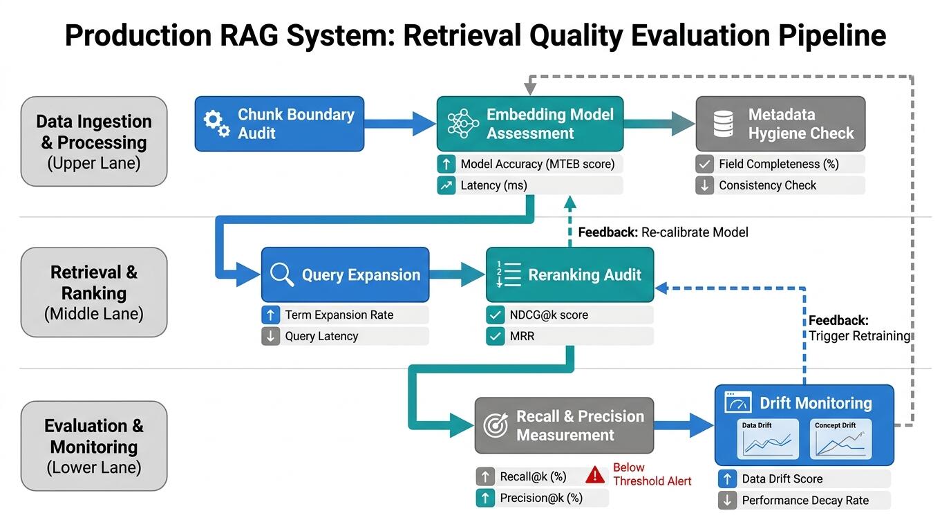 Retrieval quality evaluation workflow for production RAG systems showing chunk audit, embedding assessment, and monitoring pipeline