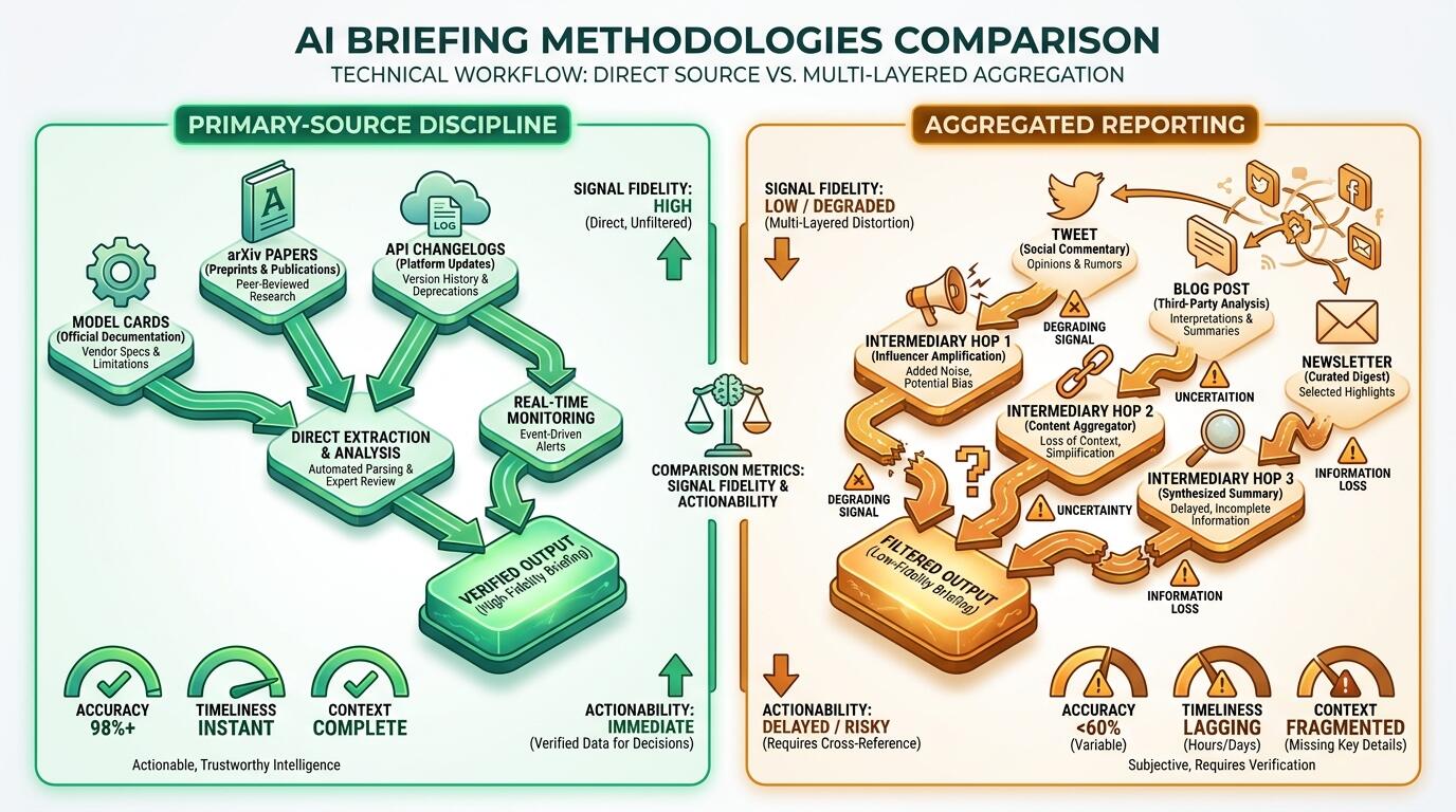 Comparison of primary-source vs aggregated AI briefing workflows showing signal fidelity and actionability tradeoffs
