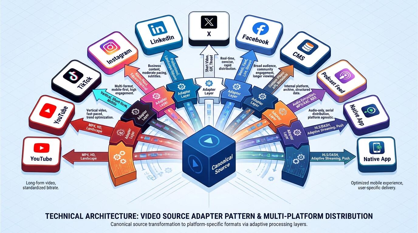 Diagram of single canonical source transforming into nine platform-specific video distribution outputs