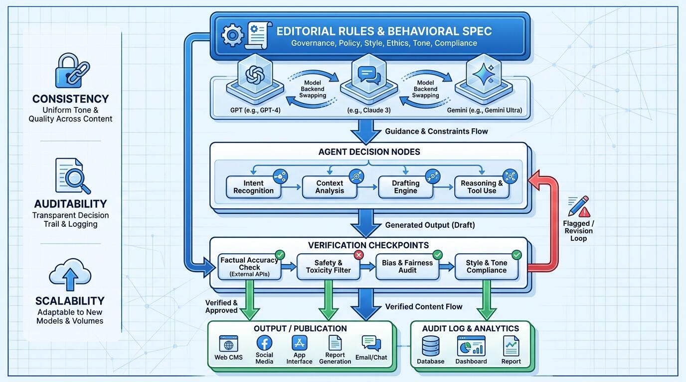 Editorial rules governing AI agent behavior in a production pipeline