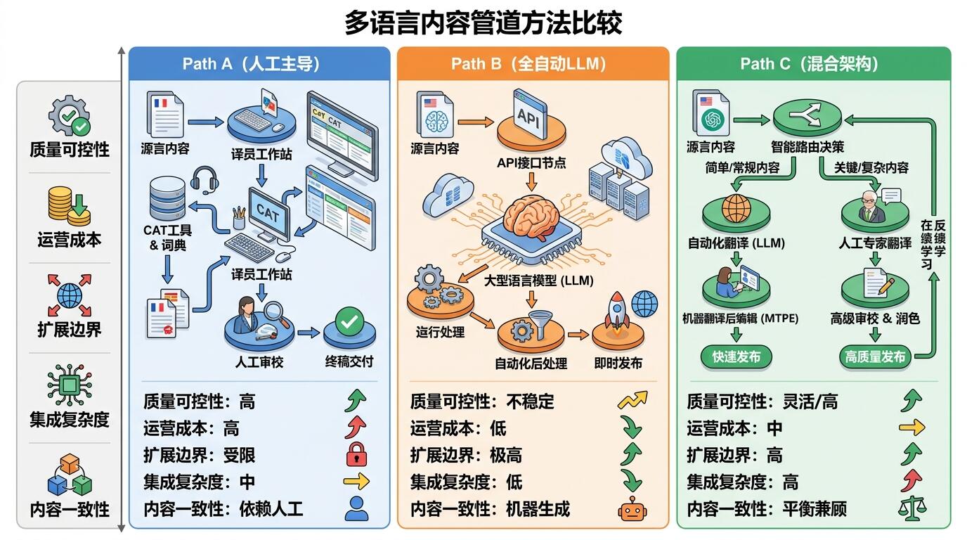 多语言内容流水线三条路径对比