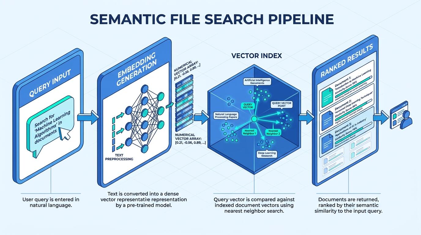 Semantic search pipeline diagram showing query embedding and vector similarity retrieval workflow