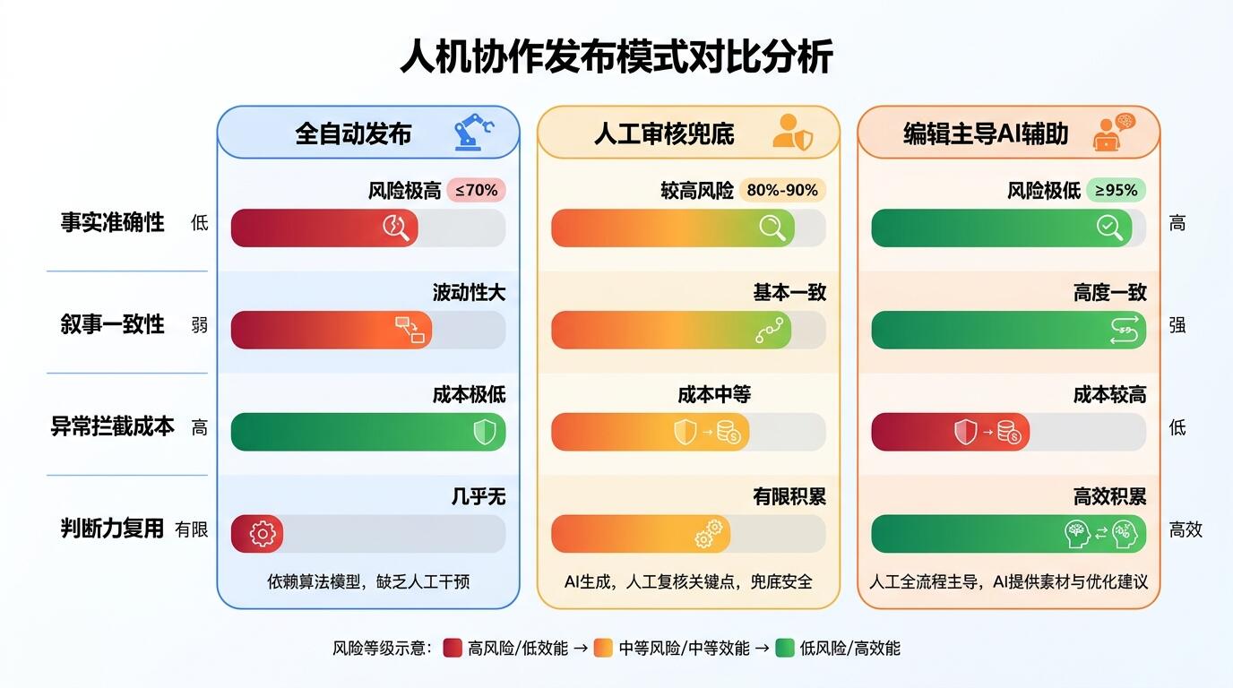 三种人机协作模式风险与判断力分布对比