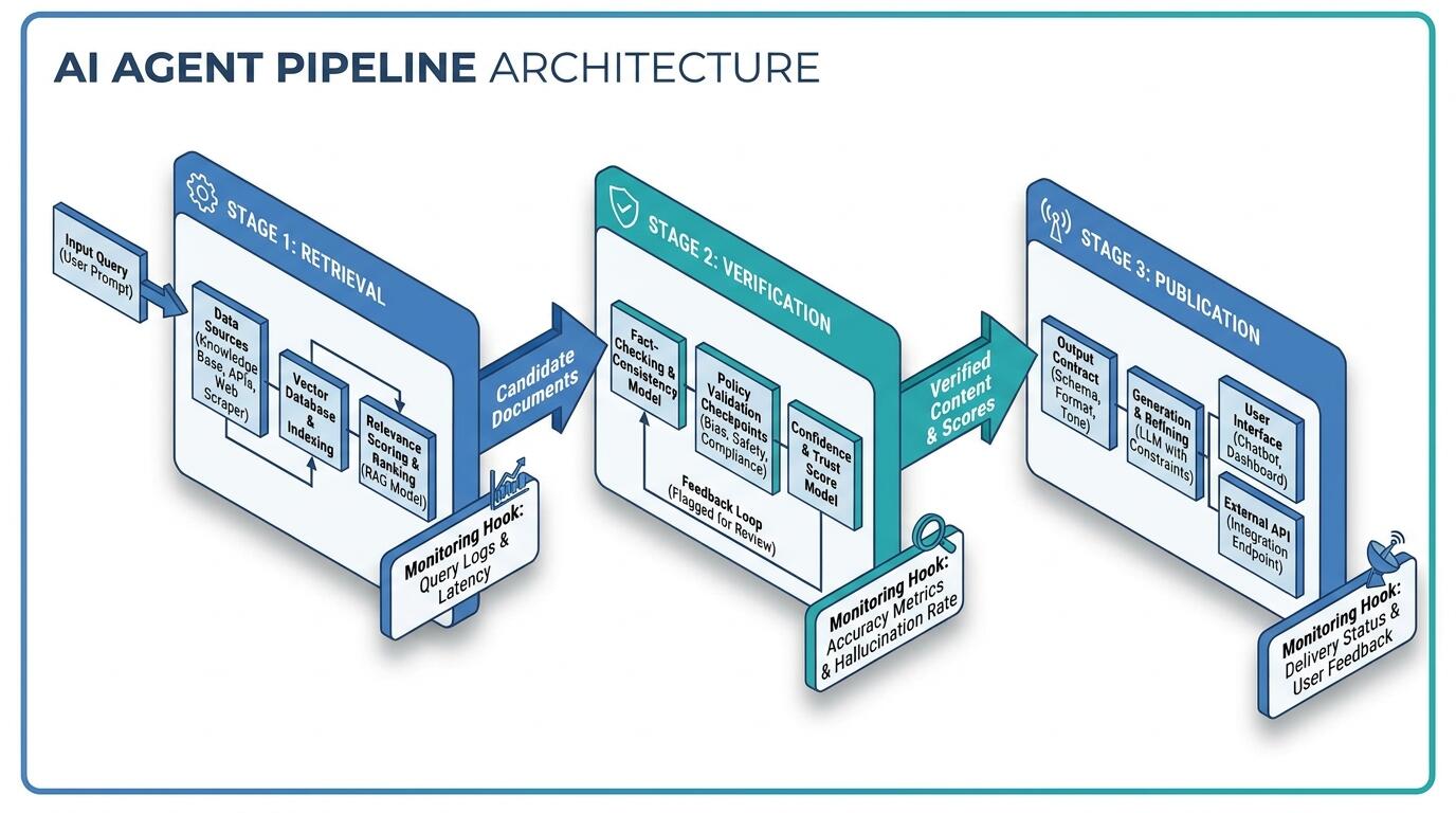 Engineering architecture diagram showing agent pipeline stages from retrieval through verification to production