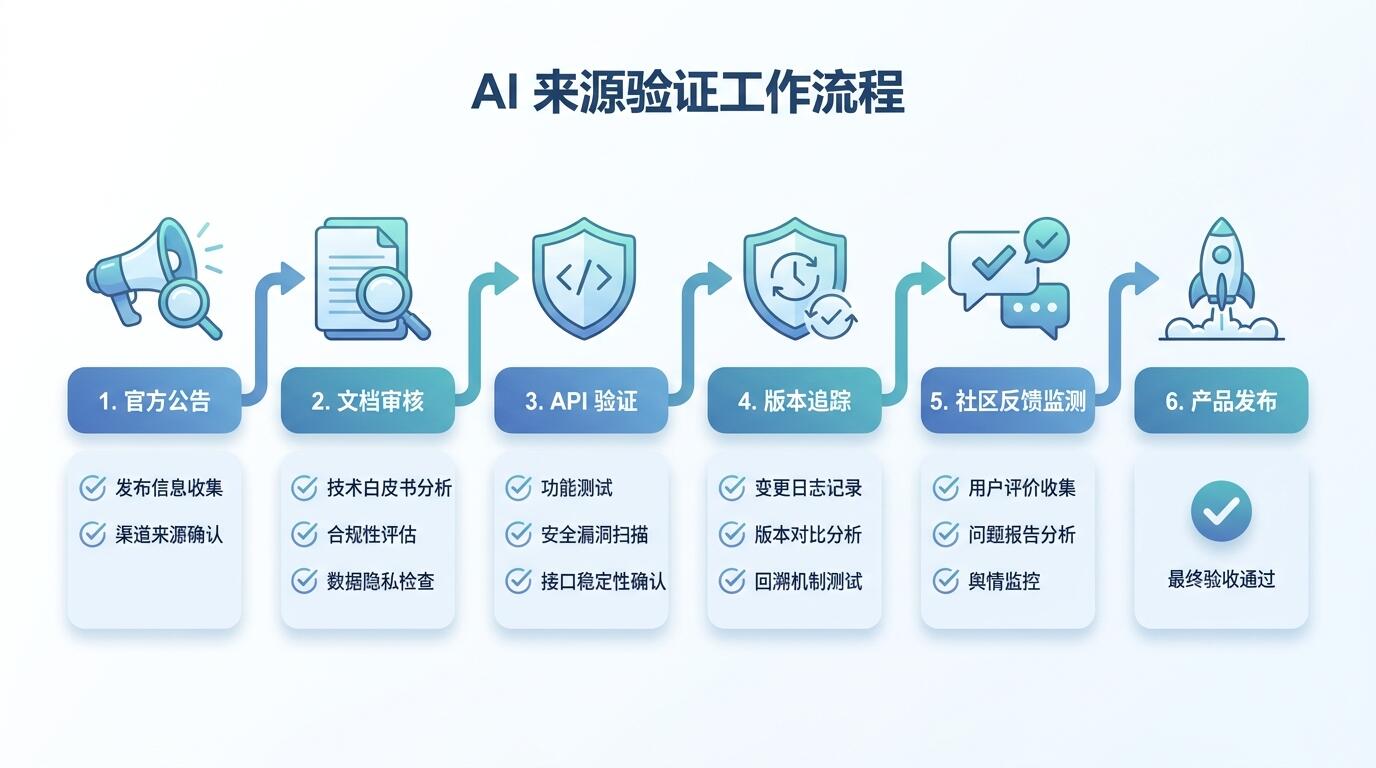封面图:AI信源验证实操流程示意图,覆盖从官方公告到产品发布的全链路核查步骤