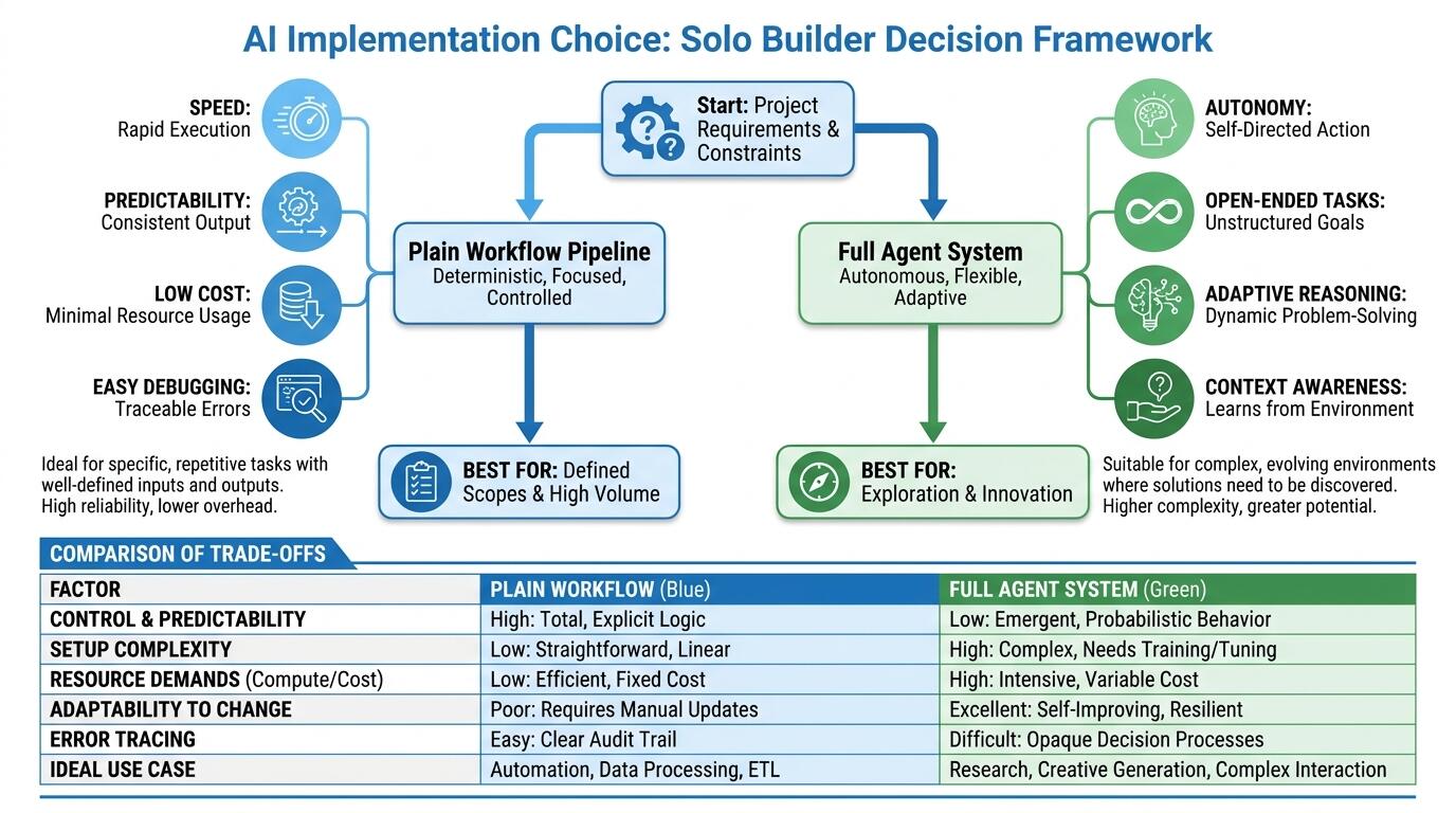 Decision framework for solo builders choosing between plain AI workflows and full agent systems