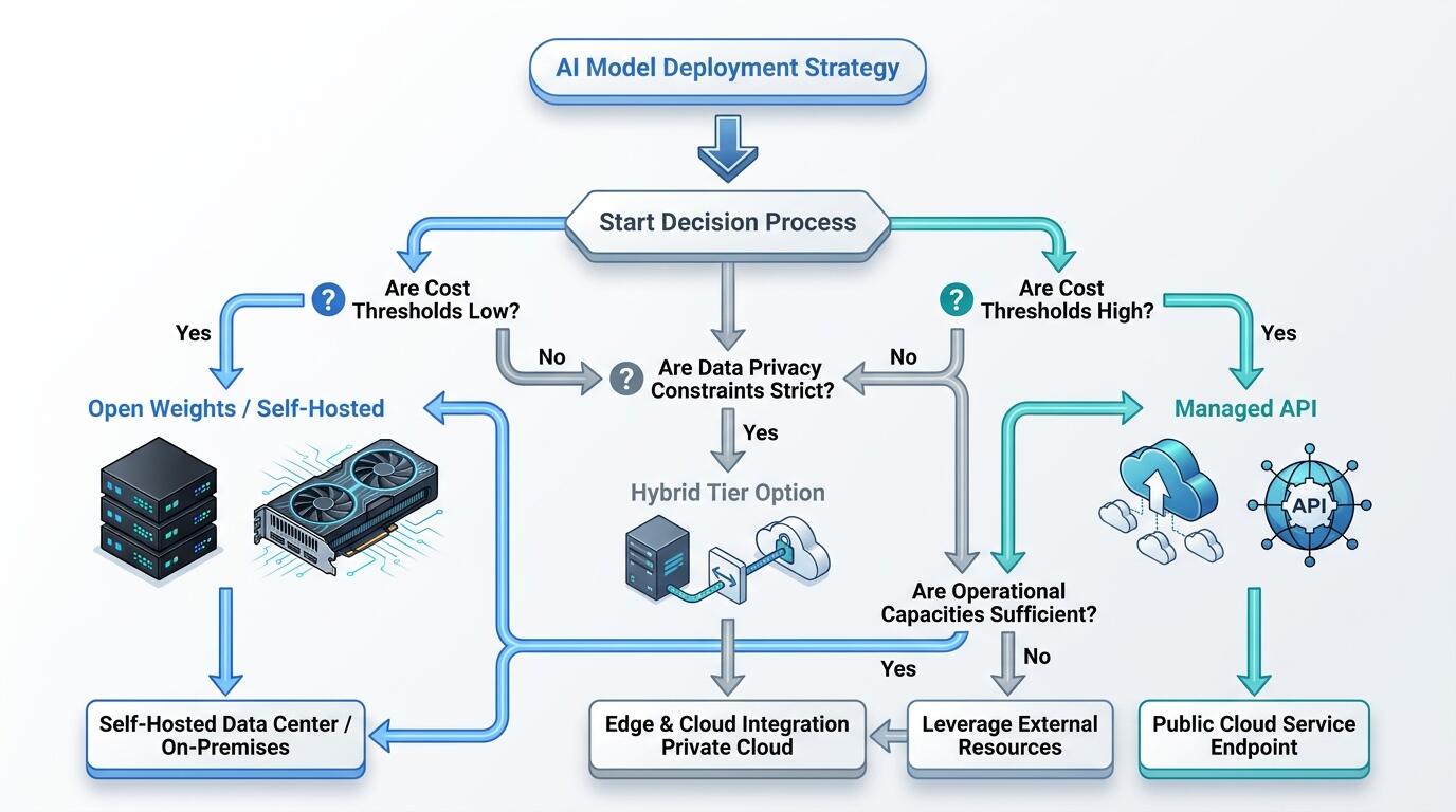 Decision framework diagram for open weights versus API model strategy in AI product development